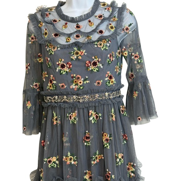 Needle & Thread Blue Floral Embroidered Tulle Midi Dress Fairy Prom Indie Folk - Picture 5 of 13